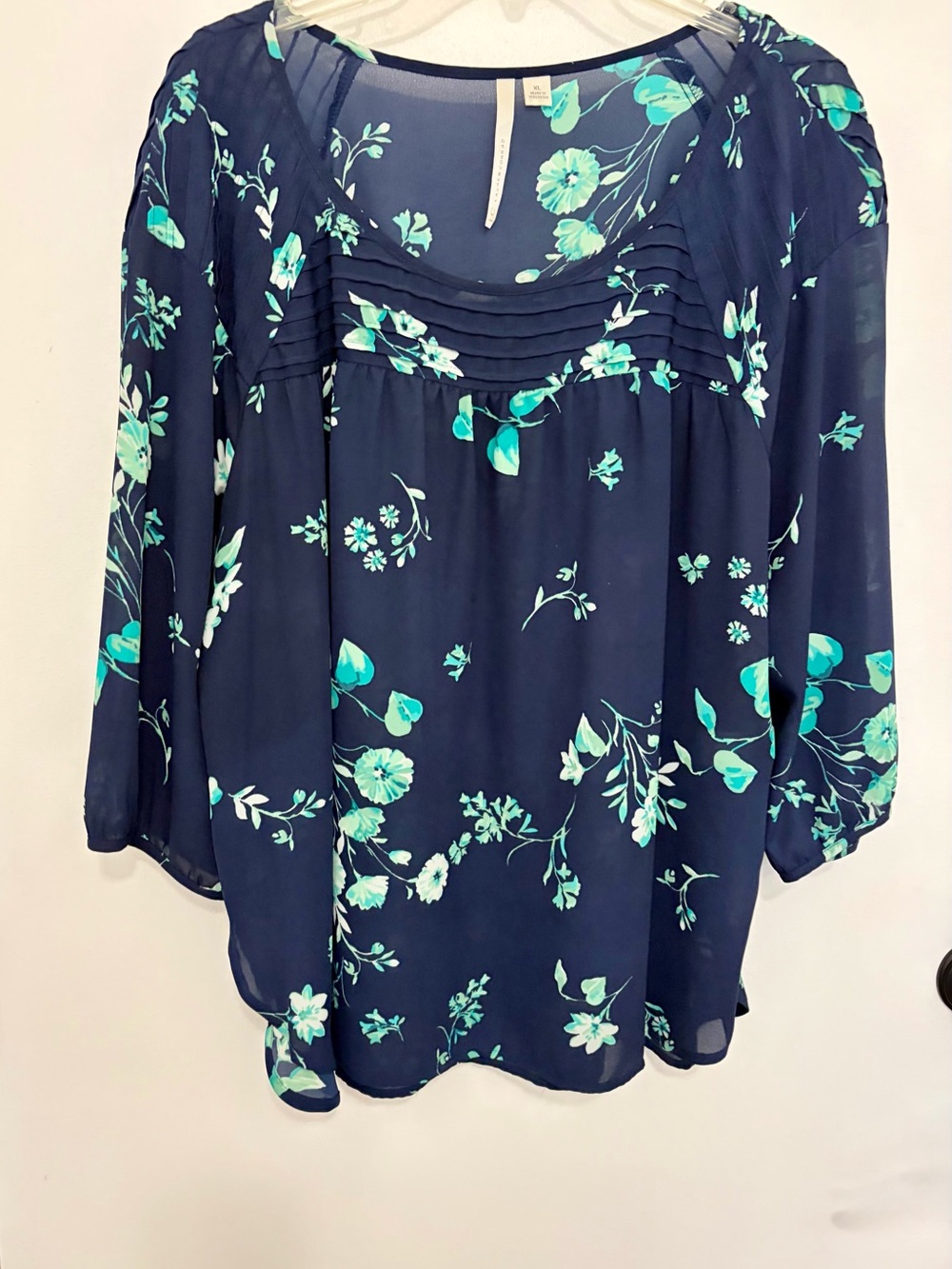 LC Lauren Conrad Navy Floral Pintuck Blouse with Aqua Accents